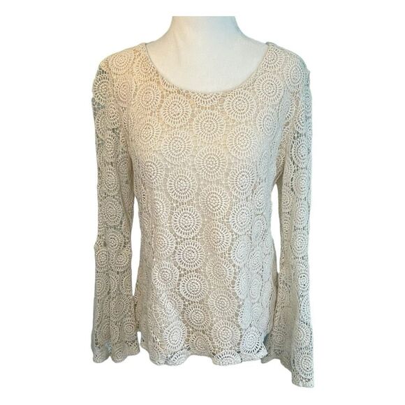 Solitaire Anthropologie Crochet Lace Top Cream Knit Bell Sleeves Full Back Butto - Picture 1 of 9
